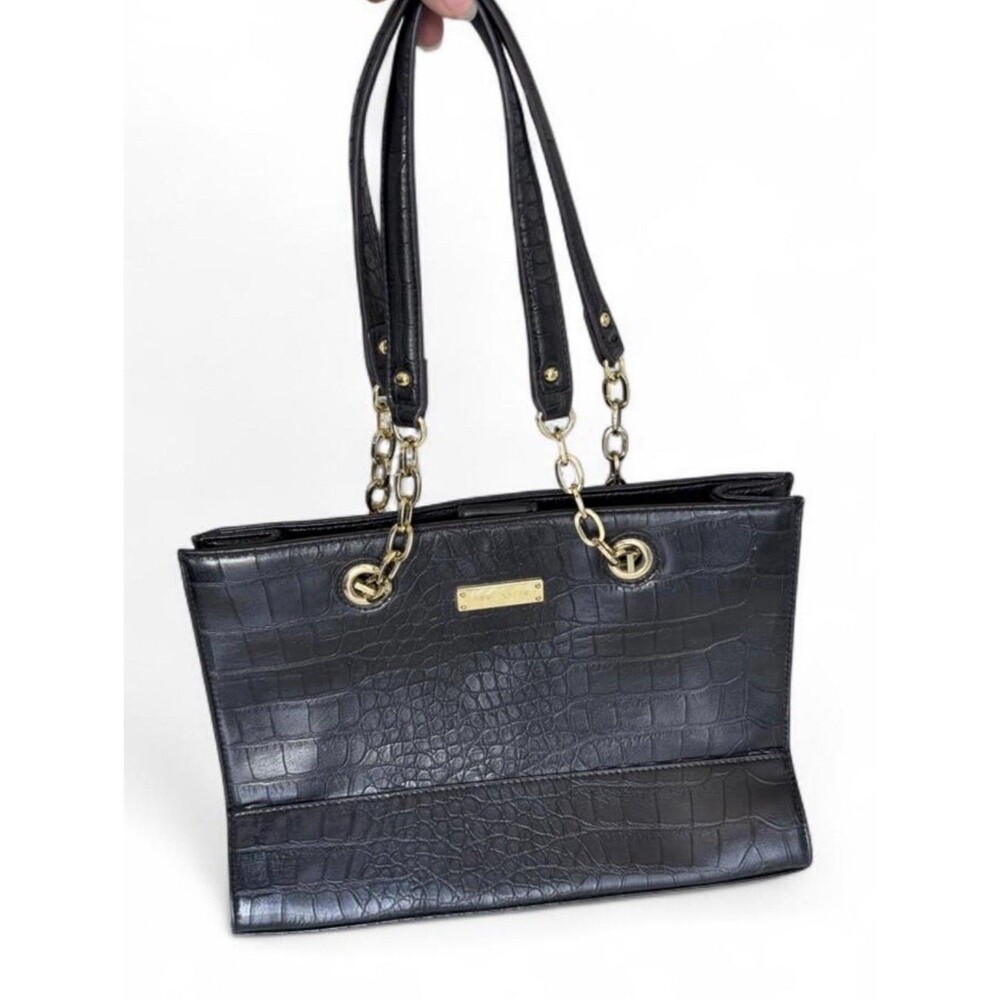 Anne Klein Black Croc Faux Leather Gold Tone Chain Straps Mag Snap Shoulder Bag